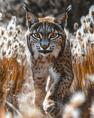 Obraz premium Majestic lynx walking towards camera in tall grass.