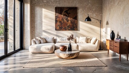 Generative AI, Modern living room with sculptural furniture, earthy textures, and film-inspired aesthetics.