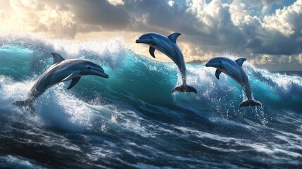 Three Dolphins Leaping Over Waves at Sunset