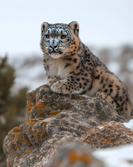 Majestic snow leopard perched on a rocky outcrop in a snowy mountain landscape.