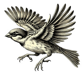 Vintage sparrow illustration, vintage sparrow engraving with detailed sketch, isolated on transparent background. Black and white PNG