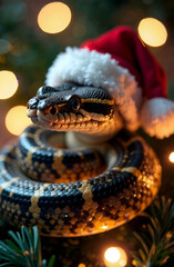Fototapeta premium a snake with a santa hat against the background of Christmas tree branches and garlands