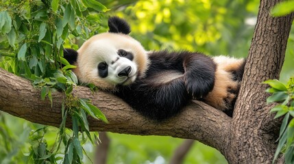 Obraz premium Sleeping Panda on a Tree Branch