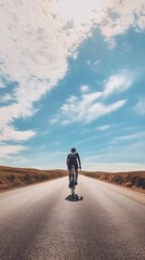 Obraz premium Cyclist on a road, with vast sky above providing open space for copy.