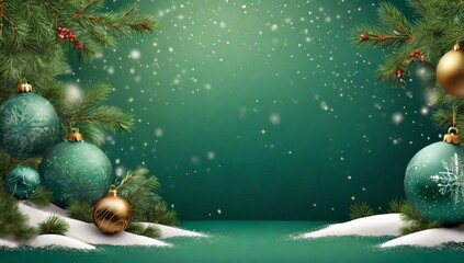Christmas background with fir branches and balls, snowflakes on green background. Festive design template for winter holidays.
