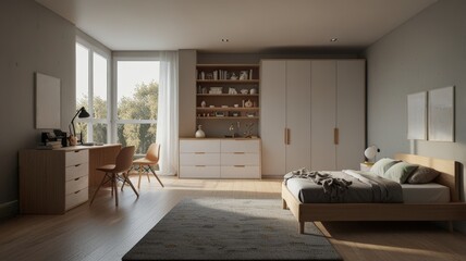 A serene bedroom with a minimalist design featuring a wooden bed, storage shelves, and a comfortable workspace, surrounded by calm colors and natural light