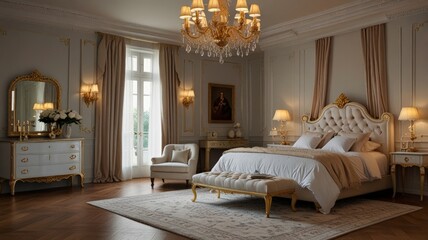 A luxurious bedroom with ornate detailing, featuring a plush bed, elegant chandelier, and charming decor. The sophisticated ambiance invites relaxation and comfort