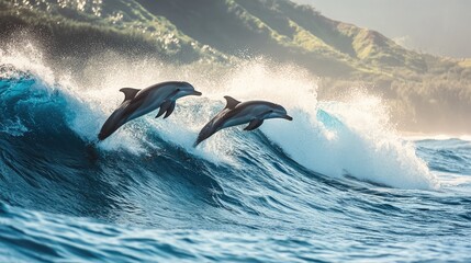 Naklejka premium Dolphins Leaping Through a Wave in the Ocean
