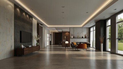 Obraz premium A spacious modern lobby featuring sleek furniture, elegant decor, and large windows illuminating the serene interior, creating a welcoming and stylish atmosphere