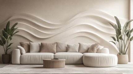 Modern Living Room Decor With Neutral Tones And Wave Wall