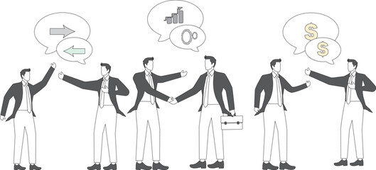 Discussions, conversations and communications, working together, team meetings, brainstorming, coworker chats, isometric businessmen standing around and chatting.