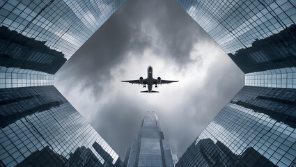 plane flying over high mirrored buildings and skyscrapers
