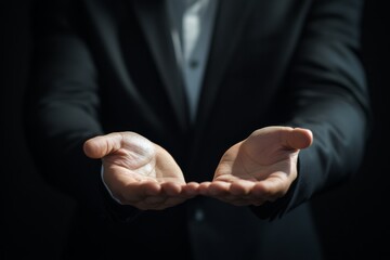 Fototapeta premium Businessman in Suit with Open Hands Offering Gesture on Dark Background