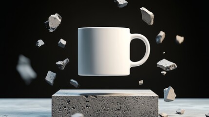 White coffee cup is suspended in midair above a pile of rubble. Concept of chaos and destruction, with the cup floating above the debris as if it were untouched by the surrounding destruction