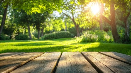Fototapeta premium Wooden deck, green garden, sunlight through trees, vibrant nature