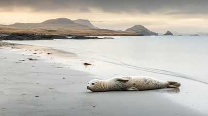 A seal stretching out on a beach as the tide gently laps at the shore, with distant islands visible