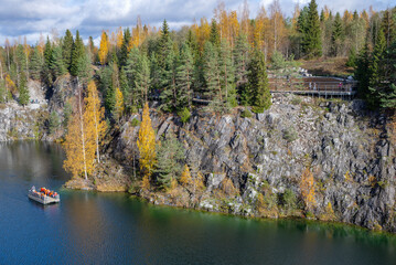 A walk on the lake. Autumn day in Ruskeala, Karelia