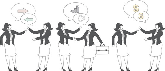 Discussions, conversations and communications, working together, team meetings, brainstorming, coworker chats, isometric businesswomen standing around and chatting.