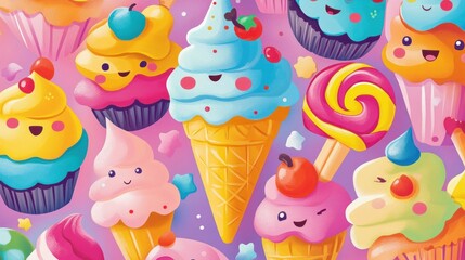 Fototapeta premium Colorful Cartoon Cupcakes Ice Cream and Lollipops