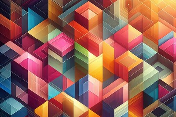 Vibrant abstract composition with interlocking colorful geometric blocks, creating a three-dimensional effect with warm and cool tones, resembling a modern cityscape or maze-like structure