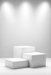 Empty White studio design featuring pedestal on a plain backdrop, illuminated by a spotlight, perfect for showcasing products in advertisements. 3D visualization. Created with generative AI technology