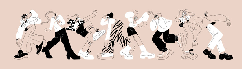 Black and white drawing dancers in headset move to music. Funny line art people in headphones listen to song and dance. Group in earphones performs with melody at the party. Flat vector illustration