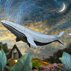 아름다운 밤하늘을 나는 거대한 고래, 꽃이 핀 정원 위 작은 집 일러스트. 04