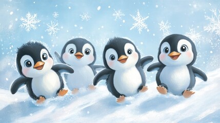Fototapeta premium Four Adorable Penguins Playing in Winter Snow