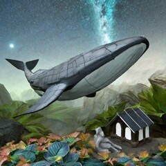 아름다운 밤하늘을 나는 거대한 고래, 꽃이 핀 정원 위 작은 집 일러스트. 03