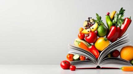 Book is open to a page with a variety of fruits and vegetables