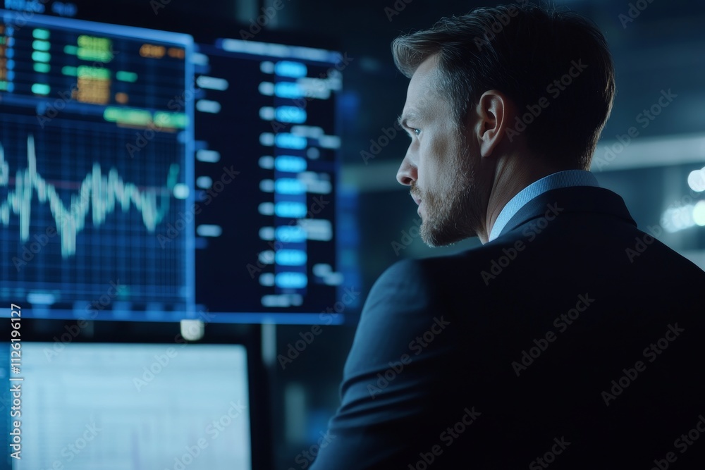 Poster a man in a suit is looking at a computer screen with multiple monitors displayin