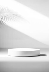 Fototapeta premium Minimal white circular podium on summer-inspired background, designed for showcasing cosmetics or beauty products, Modern 3D platform with soft natural lighting. Created with generative AI technology