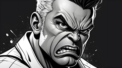 Dynamic Black and White Comic Style Portrait of an Angry Hero