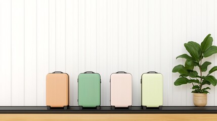 Luggage conveyor trip concept. Colorful suitcases lined up against a minimalist wall with a potted plant beside them.