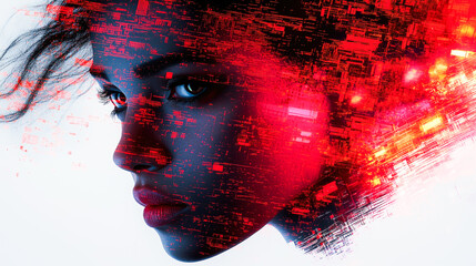 A woman's portrait with red digital elements, highlighting tech integration in human identity and creativity.