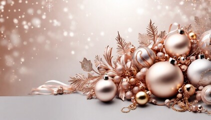 Elegant Christmas banner with rose gold ornaments. Web banner.
