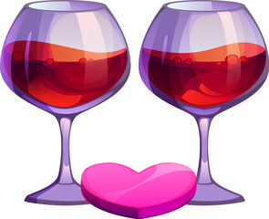 Cartoon two wine glasses filled with red wine alongside a pink heart, embodying romance and Valentine Day holiday. Isolated vector pair of glasses, symbol of for love, dating, passion and celebration
