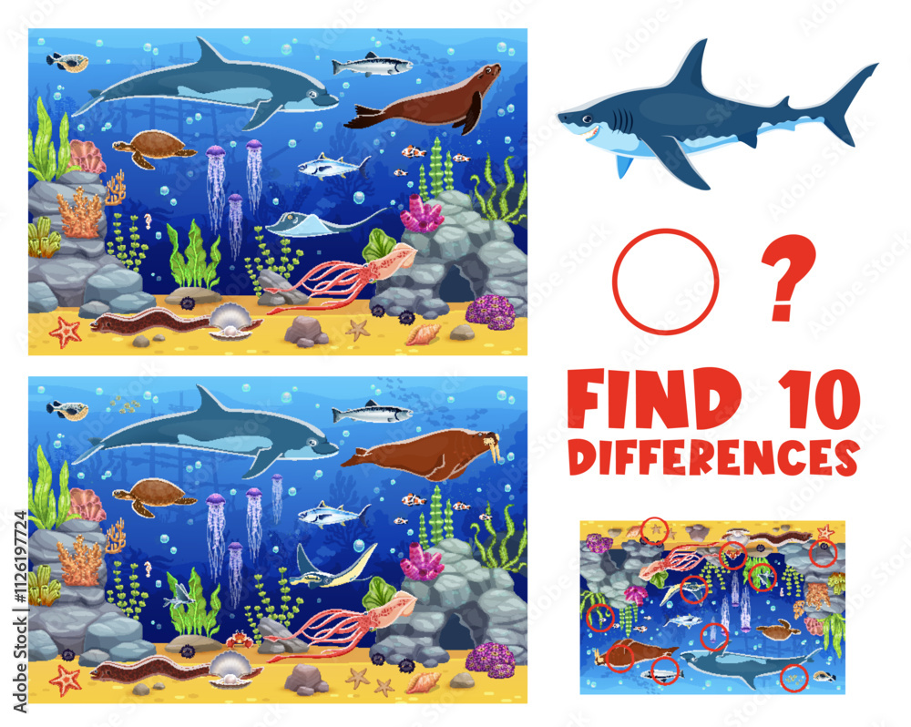Poster find ten differences on underwater landscape with sea animals vector cartoon worksheet. kids game pu