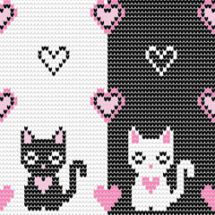 Knitted seamless patterns. Black and white cats with hearts. Sweater textures design. Valentines Theme. Designed for fabric, textiles, clothing, rugs - Vector