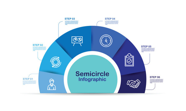 Semicircle Diagram Slide Template. Process chart with six elements