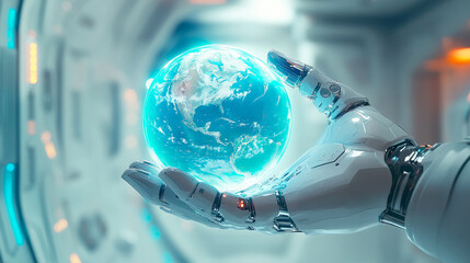 Futuristic robot hand presenting Earth, illustrating advancement and the intersection of technology and nature.