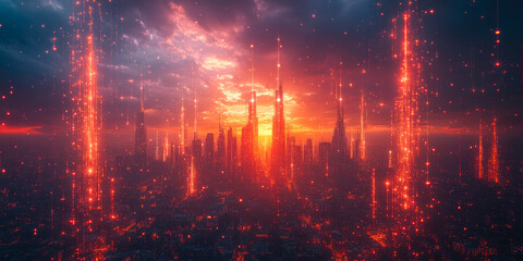 Fototapeta premium A skyline glowing with neon lights at sunset, portraying a vibrant and thriving future metropolis.