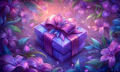 Magical gift box nestled among vibrant flowers.