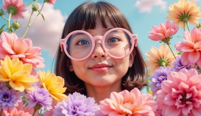 Cheerful woman in pink glasses surrounded by colorful flowers