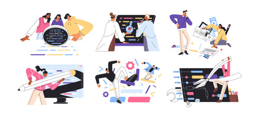 Quality assurance concept set. QA engineers, testers check errors, mistakes, testing computer software. Programmers do code review, fix bugs. Flat isolated vector illustrations on white background