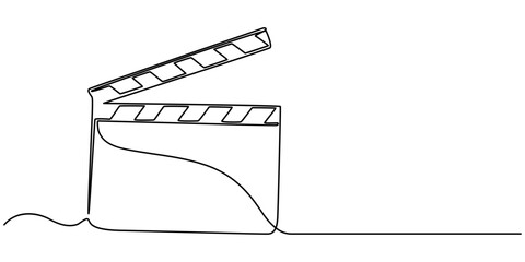 One continuous line drawing of clapper board. Action movie scene and retro video production concept in simple linear style. Outline editable stroke. Doodle vector illustration, One line drawing.
