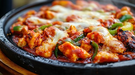 A sizzling dish of chicken with cheese and vegetables served on a hot plate.