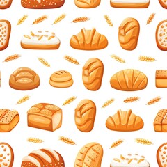 Hand drawn seamless pattern of bread and bakery products. Baked goods background. 