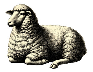 Vintage sheep illustration, vintage sheep engraving with detailed sketch, isolated on transparent background. Black and white PNG