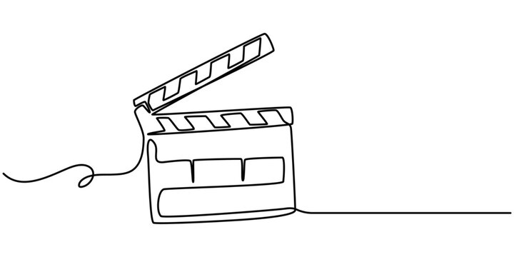 One continuous line drawing of clapper board. Action movie scene and retro video production concept in simple linear style. Outline editable stroke. Doodle vector illustration, One line drawing.